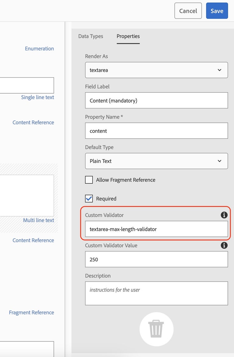 Property in the content fragment editor to add the name of the custom validator