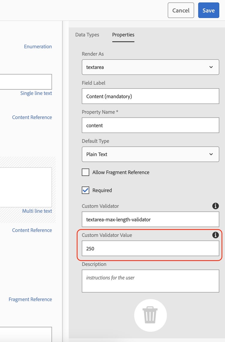 Property in the content fragment editor to add the value for the custom validator